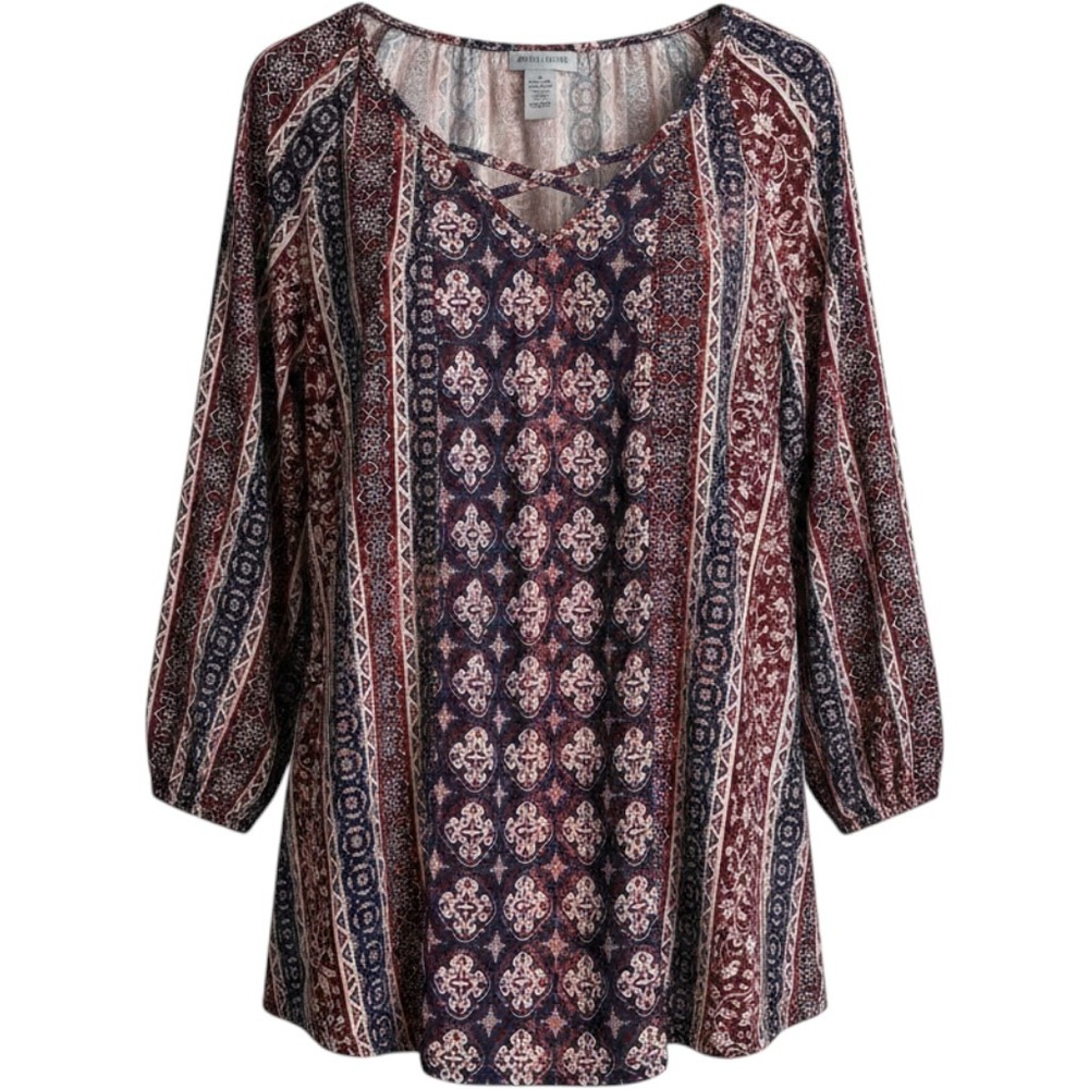 Catherines 2X Tunic Top Burgundy Navy Medallion Lattice V-Neck 3/4 Sleeve 22/24W